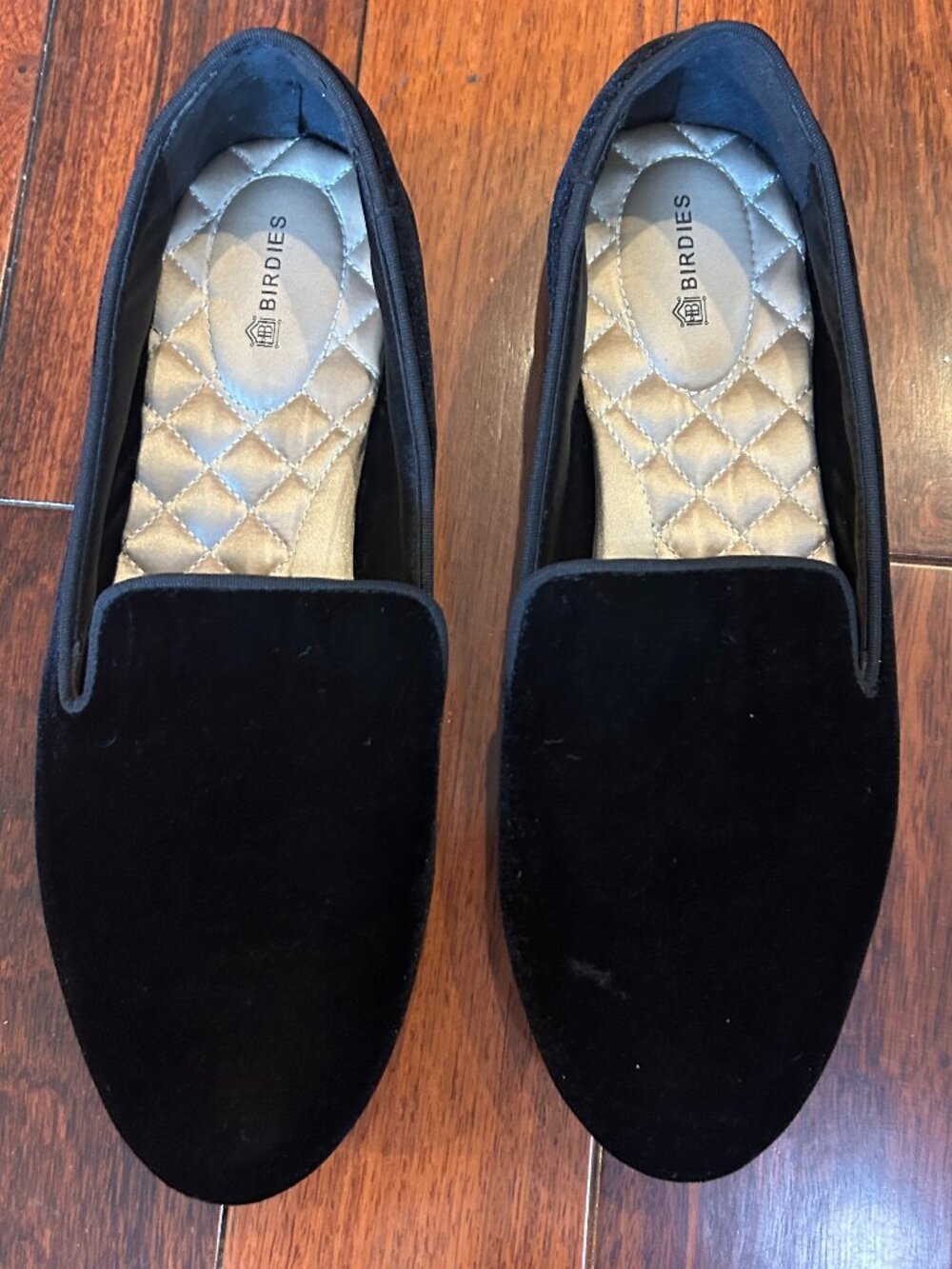Birdies Womens Size 9 Black Velvet Smoking Slippers Loafers Flats Quilted - Picture 3 of 7